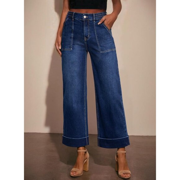 Women’s High Waist Wide Leg Cropped Stretchy Denim Jeans Pockets - Picture 2 of 7